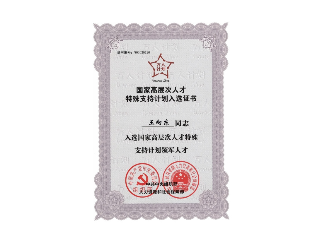 王向東萬人計劃證書